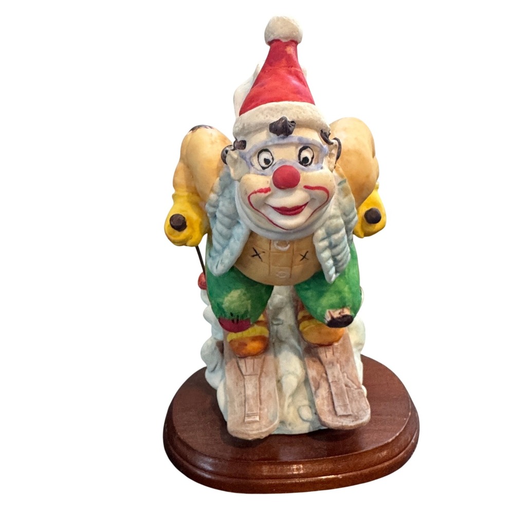 Davar Skiing Santa Claus Figurine Hand Painted Wood Base Vintage 70s Christmas